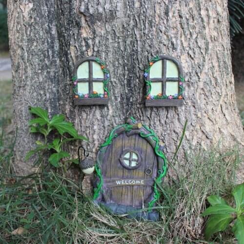 Mini Fairy Garden Miniature Figurines Sets 3pcs Fairy Glowing Door Window Ornaments Resin Statue Miniature Fairy Garden Decor