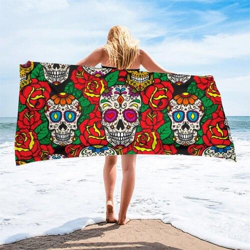 Fashion Microfiber Quick Dry Beach Towel Sugar Skull With Red Rose Flower Design Travel Pool Towel Personalized Sand Free Toalla