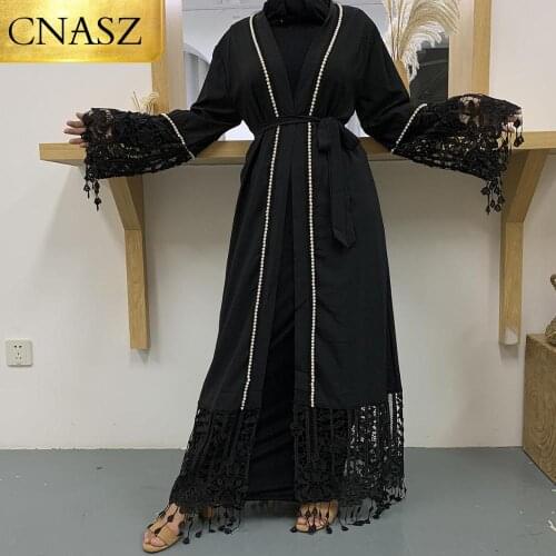 2020 Muslim Abaya Long Lace Tassel Sleeve With Peals Latest Fashion Design In Dubai Islamic Clothing Manufacturers Turkey