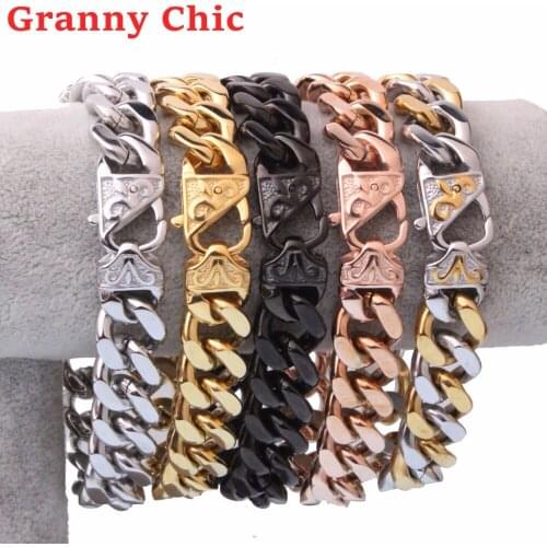 Granny Chic High Quality Jewelry Men Silver Rose Gold Black color Cuban link chain Stainless Steel Bracelet for Bangle Accessory
