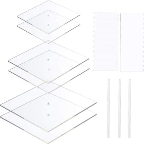 T21D 11 Pieces Acrylic Round/Square Cake Disk Set Circle Base Boards with Center Hole Pillar Comb Scrapers Dowel Rod Butter Cake