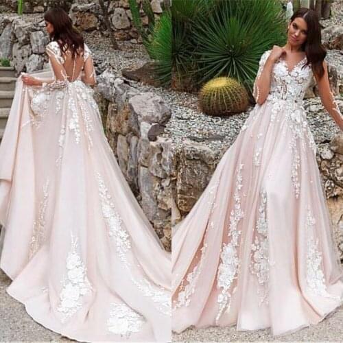 Charming A-Line Long Wedding Dress V-Neck with Appliques Illusion Back Bridal Dresses Vestido de Noiva 2019