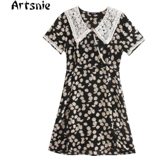 Artsnie boho floral print short A line dress women summer beach high waist v neck short sleeve lace vintage dresses vestidos