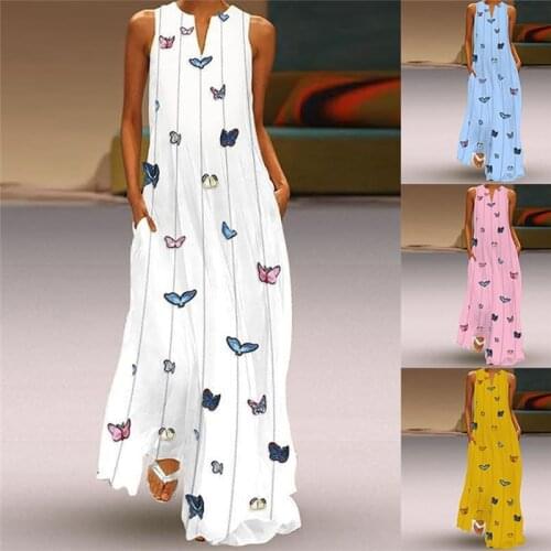 Summer Womens Butterfly Print Long Dress Pocket Sexy V-neck Sleeveless Sundress Casual Loose Bohemian Maxi Dresses Plus Size