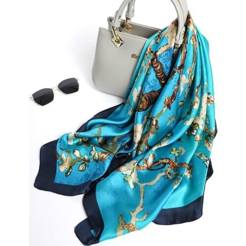 New Luxury Brand Square Silk Scarf Van Gogh Oil Painting Floral Shawls and Wraps Fashion Bag Scarves Hair Tie Neck Snood 90*90Cm
