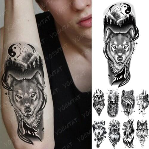 Waterproof Temporary Tattoo Sticker Tiger Wolf Mountain Flash Tattoos Yin And Yang Body Art Arm Fake Sleeve Tatoo Women Men