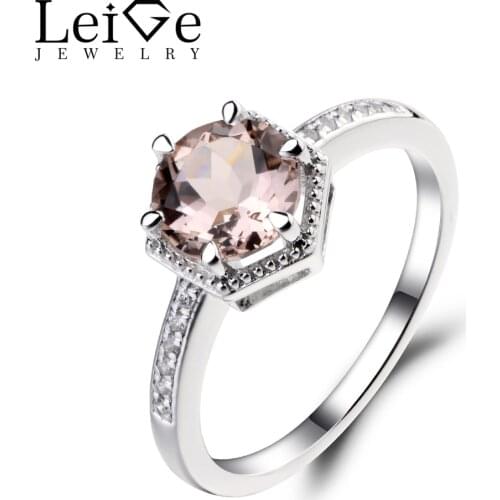 Leige Jewelry Natural Morganite Ring Wedding Engagement Rings for Women Pink Gemstone Ring Round Cut Sterling Silver 925