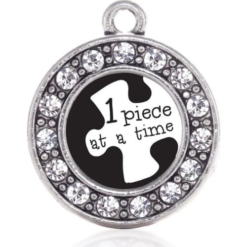 Jewelry Finding Accessories DIY Awareness Autism One Piece At A Time Puzzle Pieces Jigsaw Charm Round Shape Fashion