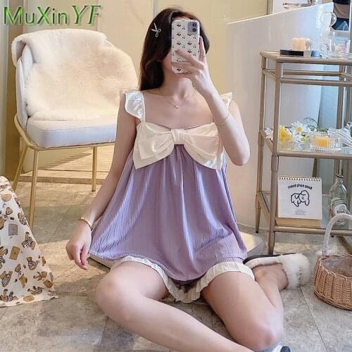 Women' Two Pieces Pajamas Set 2021 Summer Girls Sweet Big Bow-Knot Purple Thin Sleeveless Tops Shorts Sets Lady Leisure Homewear