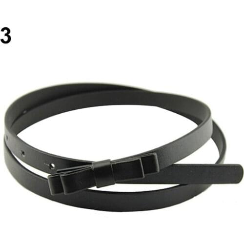 Womens Candy Color 2 Layers Bowknot Thin Narrow Belt PU Leather Waistband Strap