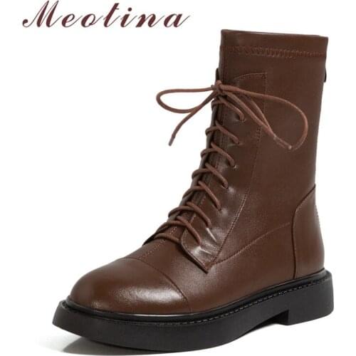Meotina Motorcycle Boots Women Shoes Natural Genuine Leather Platform Flats Ankle Boots Zip Cross Tied Short Boots Black Size 43