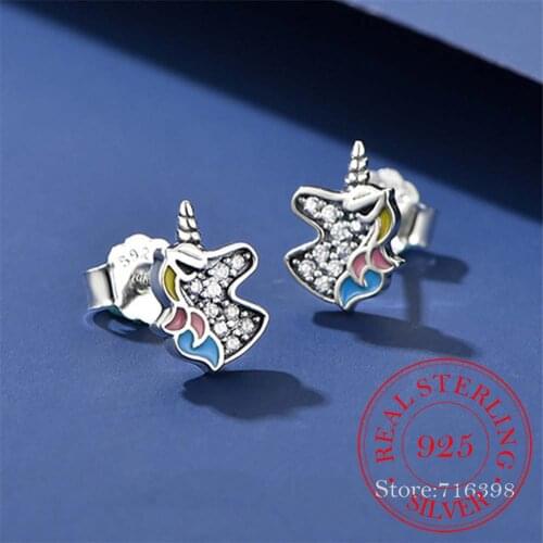 925 Sterling Silver Dazzling Unicorn Licorne Stud Earrings For Women Kids Wedding Gift Female Pendientes