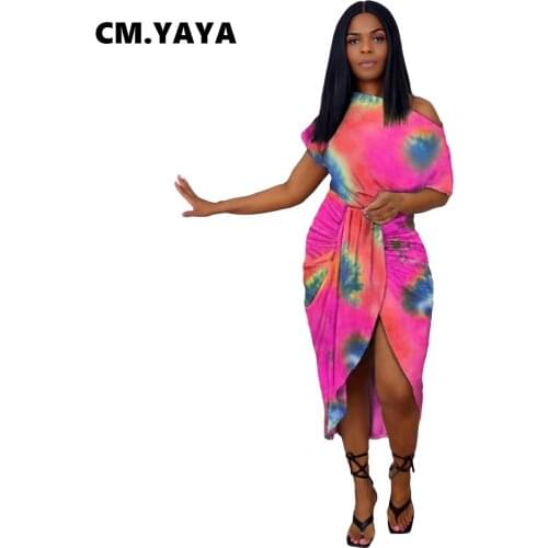 CM.YAYA Women Midi Dress Dit Dye Print Skew Collar Asymmetrical Maxi Dresses Casual Fashion Sexy Streetwear Summer Outfit 2021