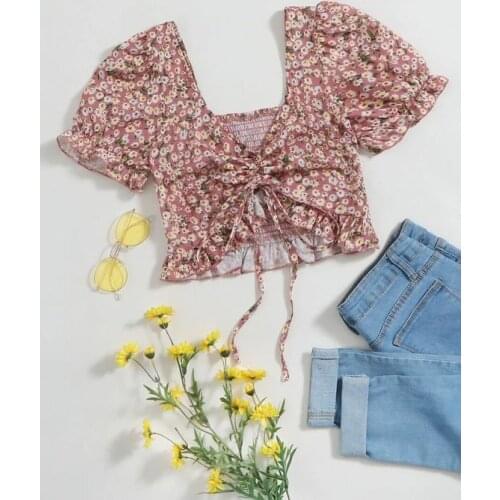 1-6Years Fashion Kids Girls Summer Clothes Sets 2pcs Floral Puff Short Sleeve Drawstring T-shirts+Denim Long Pants Trousers