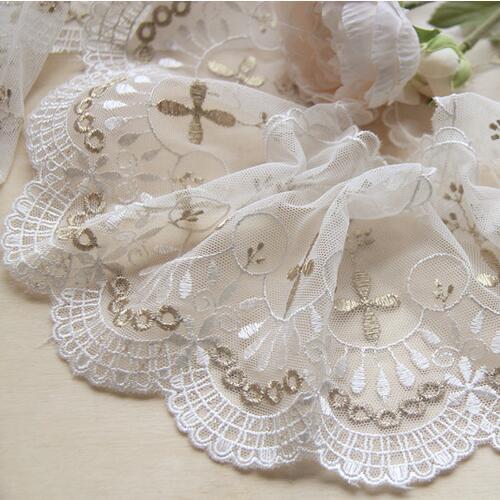 Free Shipping 12cm 2YDs/lot Gold Embroidered Lace Trim Cotton Embroidered Lace White Lace DIY Clothes Material X537