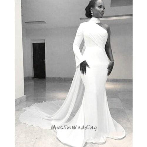 Elegant Mermaid White Prom Dress High Neck One Shoulder Long Sleeve Evening Dresses 2020 Cheap Plus Size African Prom Gown Train