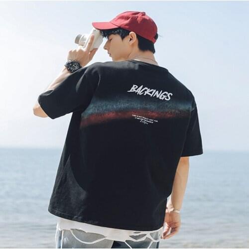 April MOMO 2021 Summer New Mens Rainbow Printed Casual T-shirt Pure Cotton Round Neck Loose Short Sleeve T-shirt