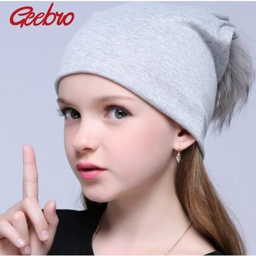 Geebro Brand New Girls Beanie Hat with Pompom Spring Solid Color Slouchy Beanies with Real Fur Pompom for Boys Kids Skullies Hat