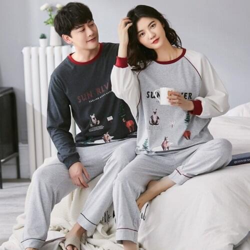 SLPBELY Cotton Couple Pajamas Set Nightwear Spring Cartoon O-Neck Long Sleeve Men And Women Pyjamas Lovers Sleepwear Home Suit