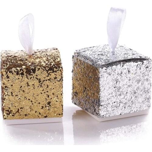 Wedding Favor Box Gold Square Packaging Sugar Box Glitter Silver Purple Wedding Candy Box 50pcs Party Candy Boxes and Gift Bags