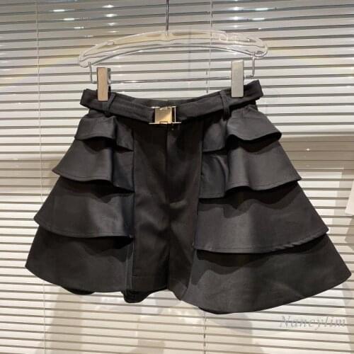 Mini Skirts Women 2021 Summer New Elegant Buckle Belt Multi-Layer Cake Skirt Female Lady All-Match Black Jupe Femme