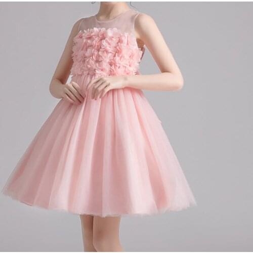 Fashionable childrens party dress Beautiful wedding pridesmaid dress Mesh shoulders elegant dress for kids