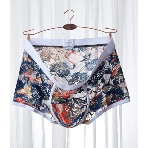 European size Men Mesh Underwear Boxers Lace Sexy Perspective Gay Mens Lingerie Boxer Shorts Summer Breathable Cool Underpants