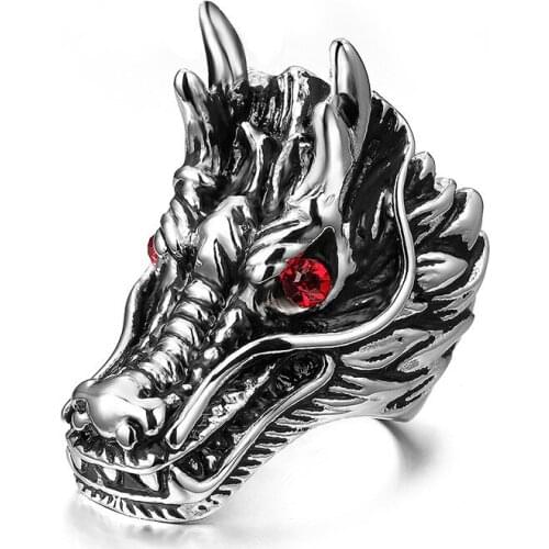 Hot Punk Titanium Steel Personality Dragon Head Design Men Ring Inlay Red Bright Rhinestone Silver Anniversary Accessory Gift
