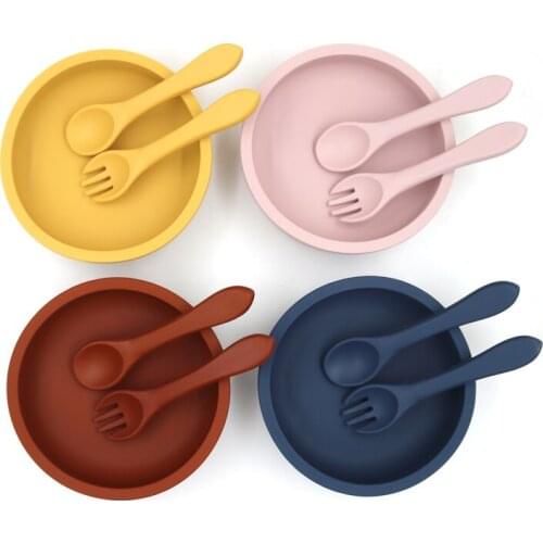 Baby Solid Color Silicone Bowl Spoon Fork Tableware Set Toddler Feeding Sucker Infant Dishs Newborn Gift