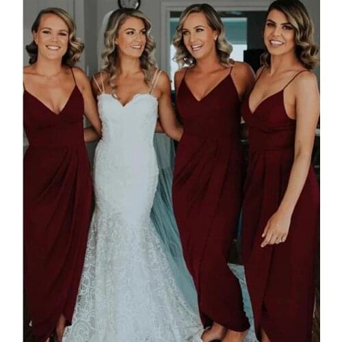 Custom Made Cheap Burgundy Chiffon Spaghetti Straps Chiffon Bridal Dress Bridesmaid Dresses