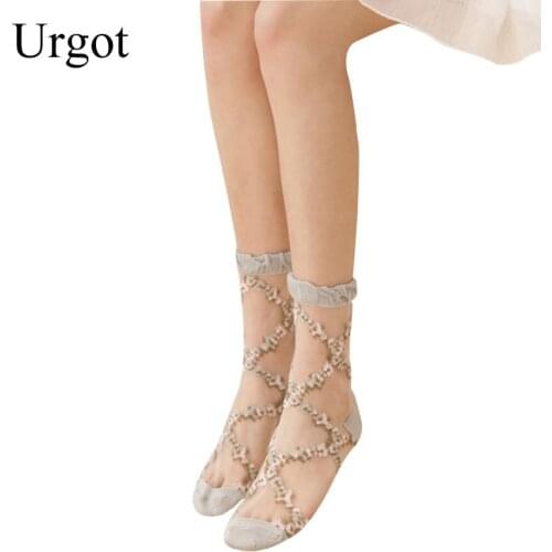Urgot 5 Pairs Womens Socks Breathable Ultra Thin Socks Summer Women Transparent Lace Silk Crystal Girls Elastic Female Meias