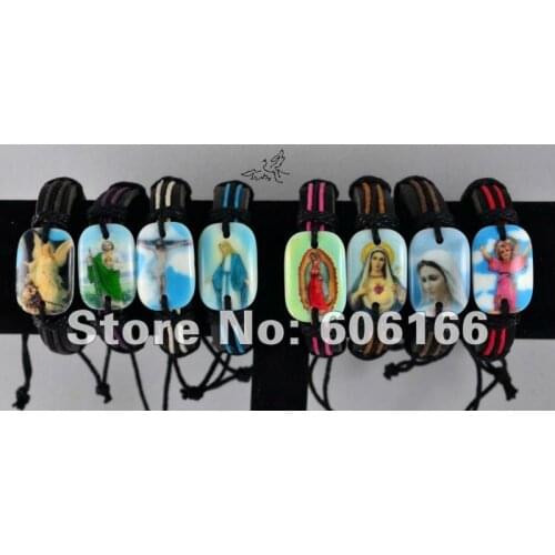 Wholesale 24pcs/lot MIX Holy Icon SAINTS JESUS Angel Virgin Mary Bracelets Leather ID Bracelet Religious Jewelry
