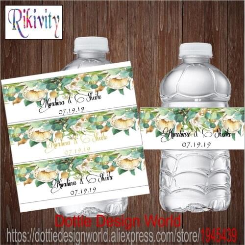Rikivity 20pcs Green Flower Wedding Water Bottle Wine Champagne Label Candy Bar Wrapper Sticker Baby Shower Birthday Party Decor