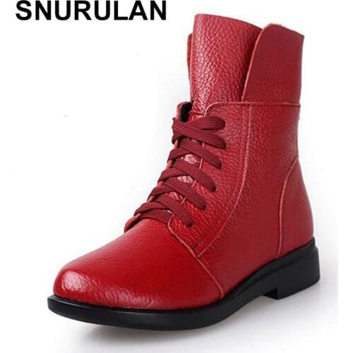 SNURULAN Fashion Women Boots Winter Lace Up Genuine Leather Classic Shoe High Top Flat Brand Casual Shoes Boots Ankle boots