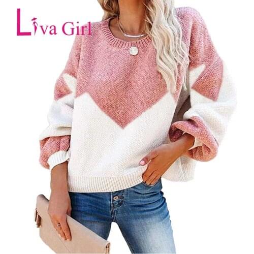 LIVA GIRL Casual Color Marching O-Neck Long Sleeve Loose Swearter Woman 2021 Autumn Winter Warm Tops Female Slim Pullovers S-XL