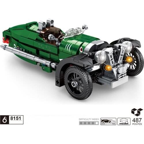 Technical classic Vintage car building block Morgan 3 Wheeler model Pull back vehicle steam brick toy collection for gift