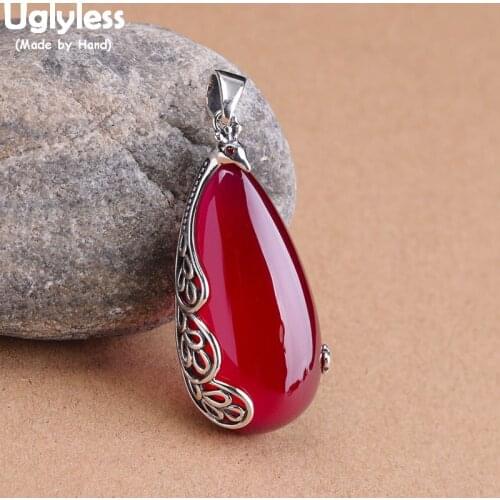 Uglyless Ethnic Vintage Phoenix Necklaces Women Tempting HOT PINK Corundum Water Drop Pendants NO Chains 925 Silver Jewelry P947