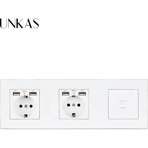 UNKAS PC Plastic Panel Double French Standard Wall Socket with 4 USB Charging Port + RJ11 Telephone Connector AC 110~250V