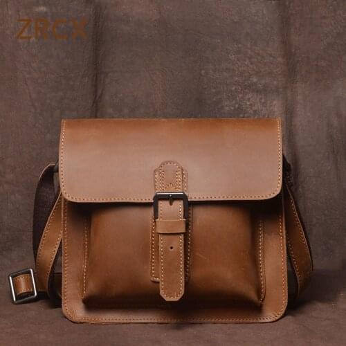 ZRCX Vintage Mens Shoulder Bag Genuine Leather Casual Classic Crossbody Trendy Messenger Bag For 9.7 Inch IPAD