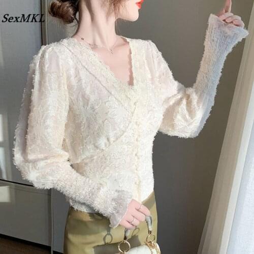 Vintage Long Sleeve Black Blouses Women 2021 Autumn Winter Fashion French Office Lace Tops Y2k Elegant Sexy Slim Blusas Mujer