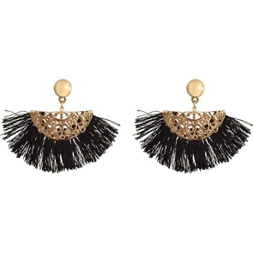 Bohemia Gold Color Filigree Plate Black Tassel Decorated Drop Earrings For Women Girl Casual Elegant Vintage Classic Jewelry