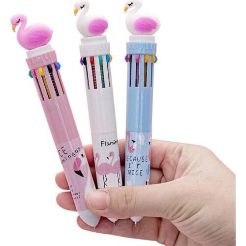 10 PCs Cute Cartoon Flamingo 10 Colorinh a pen Ballpoint Pen Creative Students Multifunctional Pressing The Multi-Hand Pen