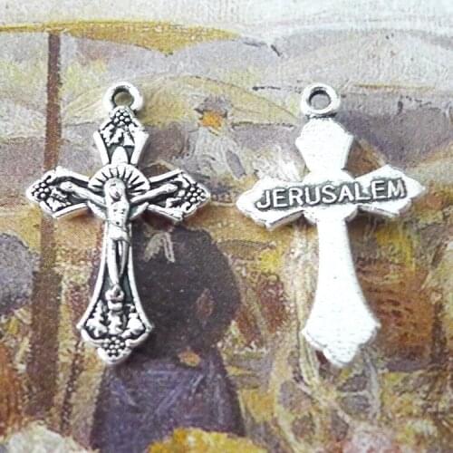 12 pieces/lot 16*26mm JWRUSALEM cross Crucifix Charm Necklace Pendant Bracelet Key chain Antique silver color Metal DIY Jewelry