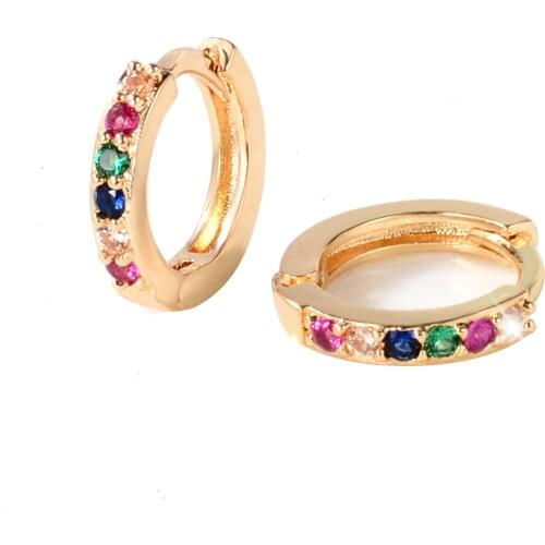 8mm Rainbow Huggies Hoops Black Small Minimal Tiny Circle Mosaic White Blue Crystal CZ Gold Color Hoop Earrings for Women Men