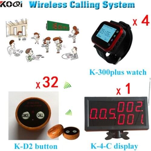 Wireless Waiter Calling System Bowling Alley Equipment 1 Screen Board , 4 Watch K-300plus With 32 Buzzer Button Change Language