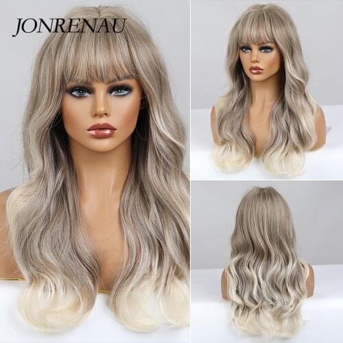 JONRENAU Ombre Grey Synthetic Wigs Long Curly Natural Hair Womens Wig with Bangs Heat Resistant For Cosplay Daily Party Use