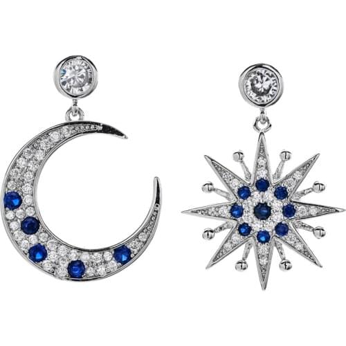 Classic attractive high quality blue star moon asymmetric zircon earringsWomens/girls' wedding party bride jewelry gifts ER-289