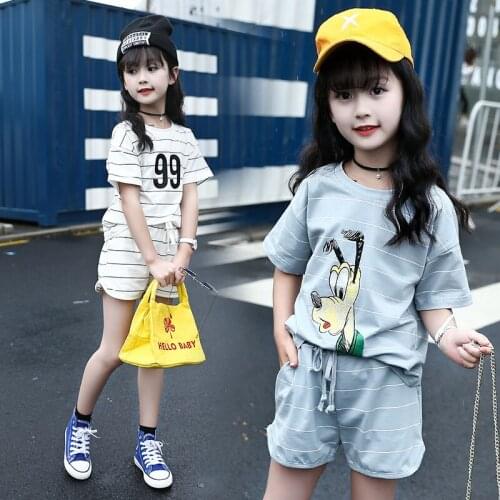Summer 2021 Childrens Sports Suits Teenage Girls Stripe Cartoon T Shirt + Shorts Two-piece Clothes Set for Girl 8 10 11 12 Year