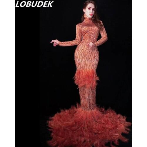 2019 Latest Fashion Women Orange Rhinestones Feathers Mermaid Dress Evening Costume Prom Celebration Stage Trailing Long Dress