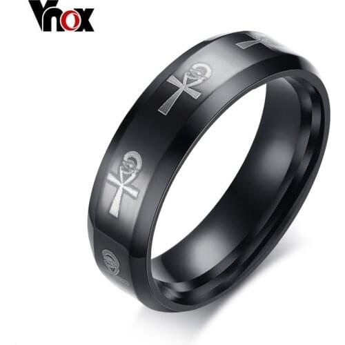 Vnox Mens Ankh Egyptian Cross Ring for Men Stainless Steel Black Religious Wedding Bands Male Islam Jewelry